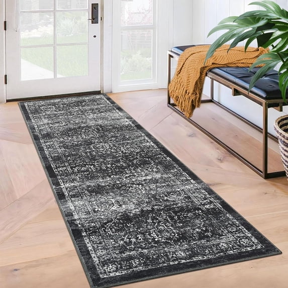 Washable Distressed Runner Rugs 2x6, Non-Slip Low Pile Hallway Living Room Bedroom Floor Carpet, Black