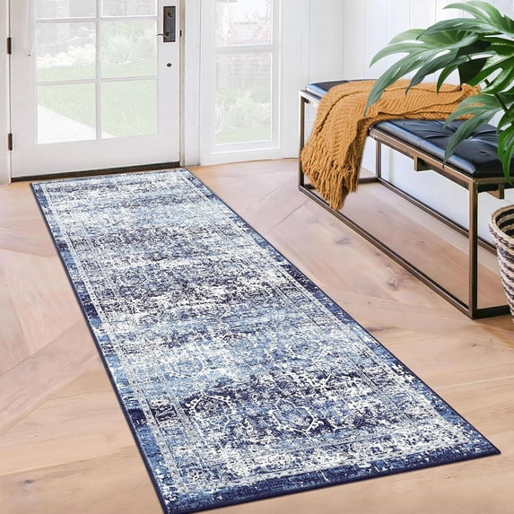 Washable Distressed Runner Rugs 2x6, Non-Slip Low Pile Hallway Living Room Bedroom Floor Carpet, Blue