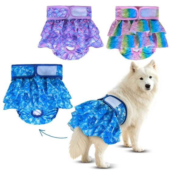 Washable Dog Diaper Skirt for Female Dogs Featuring Reusable, Breathable Design, Leak Proof Puppy Belly Band for Large Dogs During Heat Or Incontinence, Cute Blue Fish Scale Print