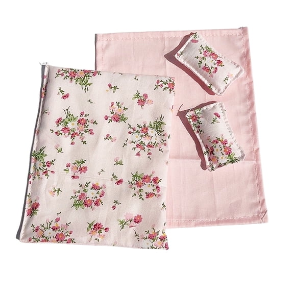 Washable Doll House Room Bedding Set with Rural Flower Print Design Miniature Bedroom Accessories For Model Scene Display