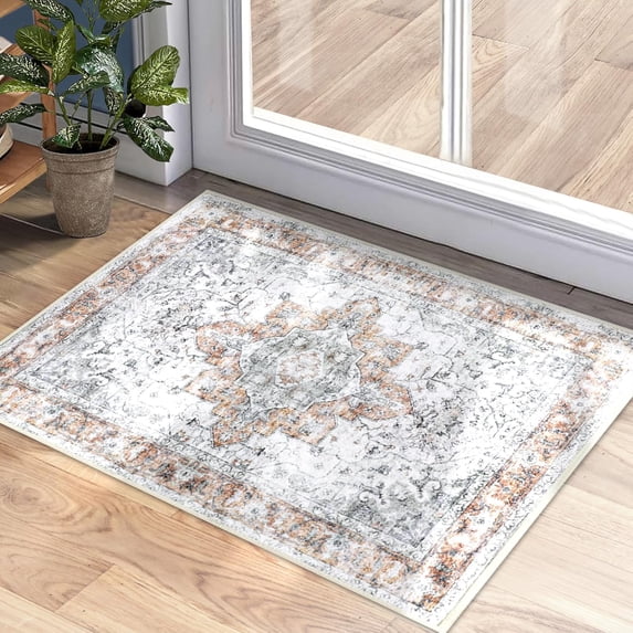 Washable Door Mat, Front Door mat Indoor Faux Wool Absorbent Small Rugs for Entryway Distressed Throw Rug Non-Slip Accent Floor Carpet for Entrance Bedroom, 24X36 Inches Orange