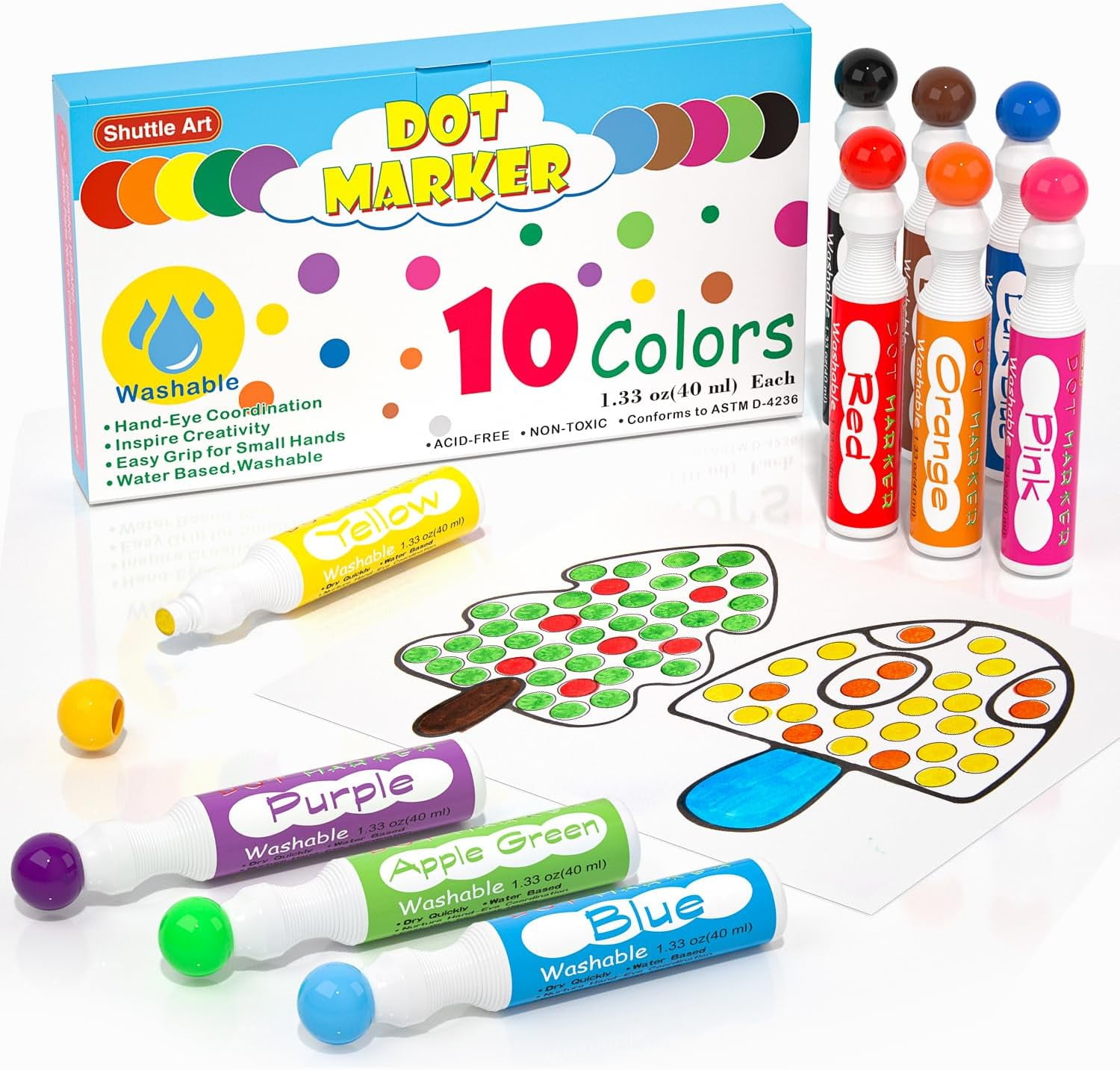 Washable Dot Markers, 10 Colors Bingo Daubers with Dot Coloring Book