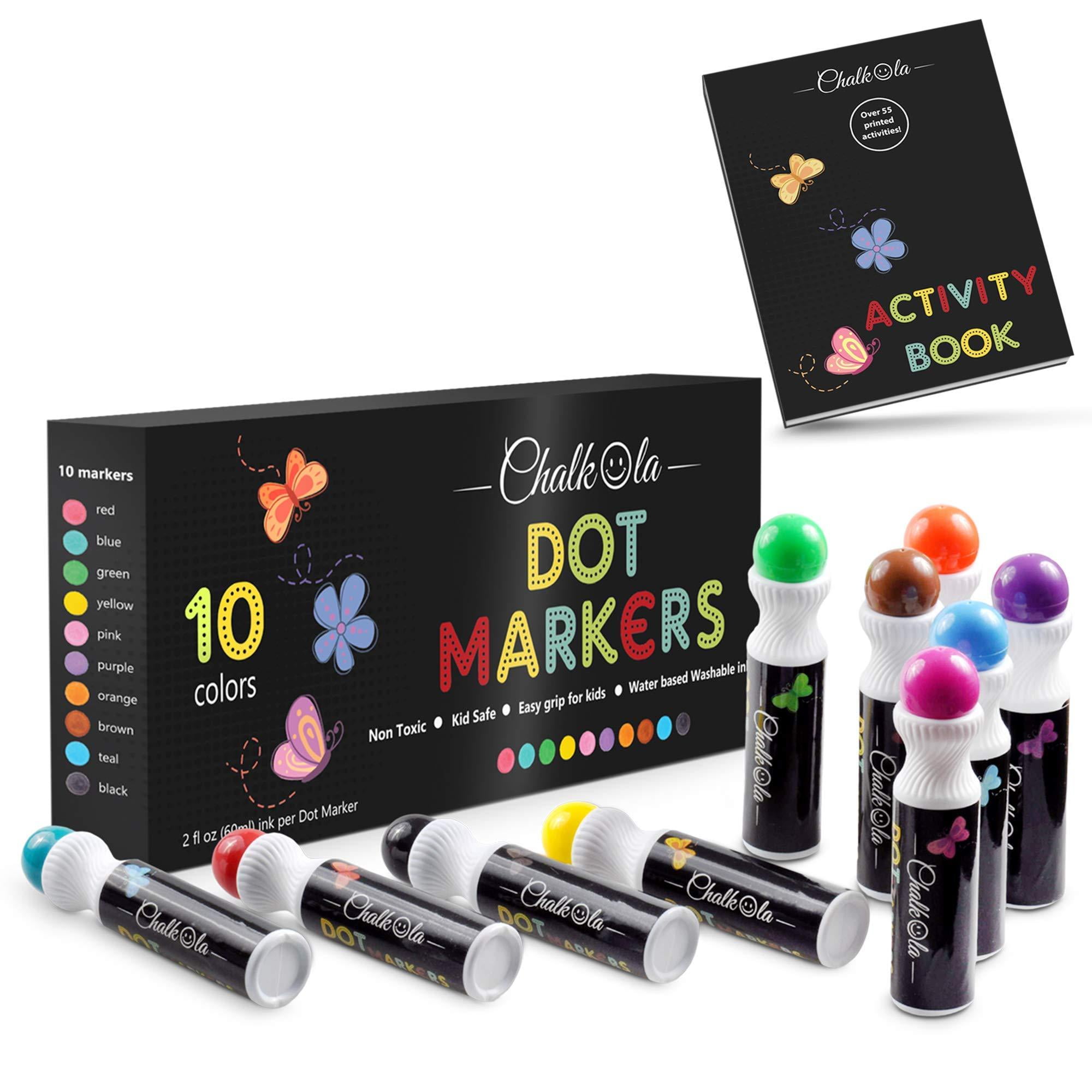 Washable Dot Markers For Kids (Pack of 8 Pens) with Activity Book -  Chalkola Art Supply