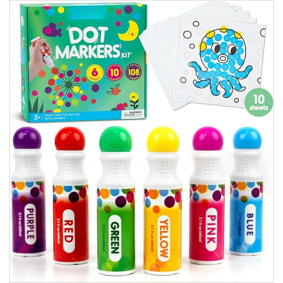 Washable Dot Markers, 6 Colors Dot Paints with 108 PDF & 10 Physical Activity Papers, Non-Toxic Bingo Daubers for Toddlers 1-3 2-4