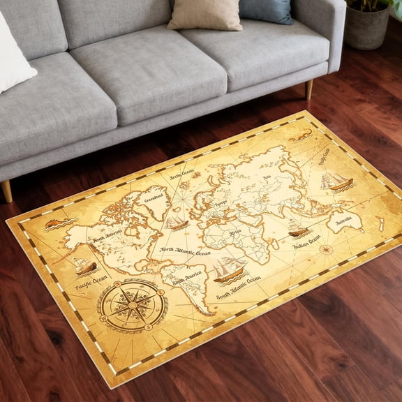 Washable Entrance Door Mat, Non-Slip Yellow Retro Map Hallway Rug Runner with Upgrade Rubber Backing,Stain Resistant Faux Wool Distressed Carpet Runner for Bedroom Kitchen Laundry Entrance (3' x 5')