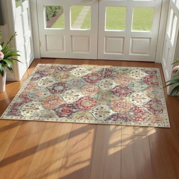 Washable Entryway Rug, 2x4 Kitchen Rugs for Entryway Bathroom, Non-Slip Indoor Door Mat Ultra-Thin, Small Oriental Throw Carpet for Bedroom Entry, Orange/Terracotta