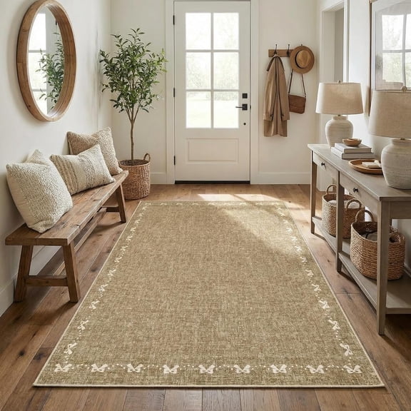 Washable Entryway Rug 4x6 Area Rugs Non Slip Living Room Area Rug Bow Modern Printed Nursery Rug Soft Non Shedding Low Pile Stain Resistant Carpet for Playroom Bedroom Front Door, Brown