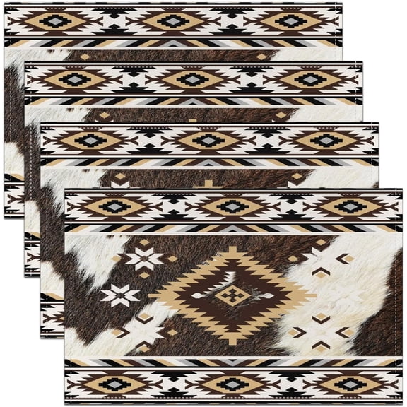 Washable Fabric Decoration Table Mats Placemats Set of 4 18"x12" Southwestern Aztec Table Place Mats Cow Fur Print Place Mats Boho Exotic Table Mats Microfiber
