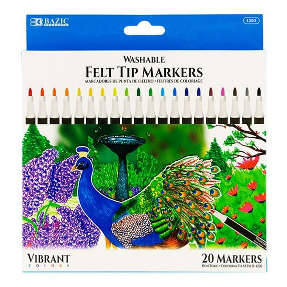 Washable Felt Tip Markers, Assorted Color - 20 per Pack - Pack of 72