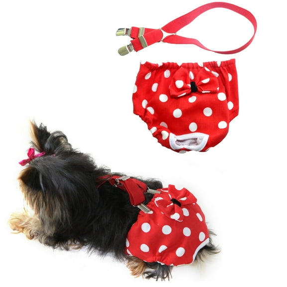 Washable Female Dog Diapers with Suspenders Reusable, Red Polka Dot for Small Breeds sz Medium (waist 12" - 16")