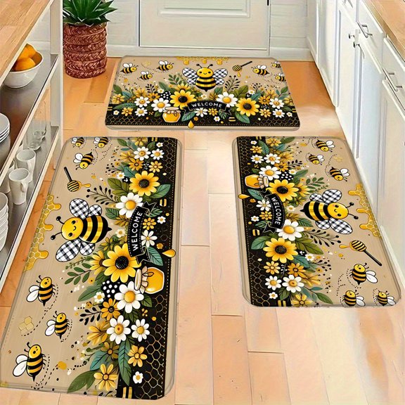 Washable Flannel Kitchen Mat with Bees and Flowers Design, Soft Cozy Rug for Bedroom Living Dining Bathroom Laundry Entryway Decor