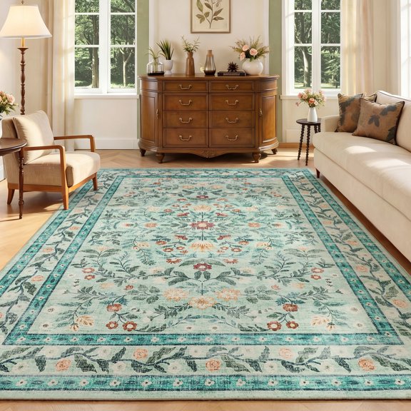 Washable Floral Area Rug – Low Pile Soft Non Slip Carpet for Living Room, Bedroom, Dining Room – Machine Washable, Pet Friendly, Stain Resistant