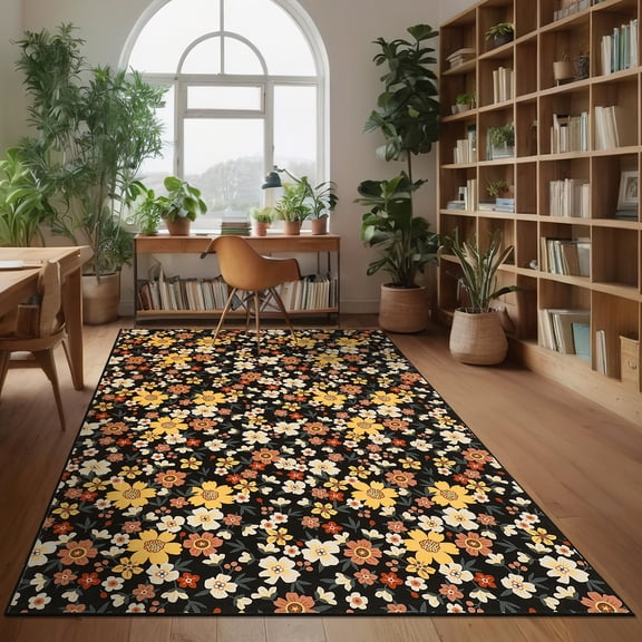 Washable Floral Area Rug with Non-Slip Backing, Stain-Resistant Low Pile Carpet, Farmhouse Style Mat for Living Room and Bedroom
