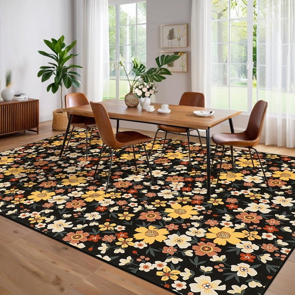 Washable Floral Area Rug with Non-Slip Backing, Stain-Resistant Low Pile Carpet, Farmhouse Style Mat for Living Room and Bedroom