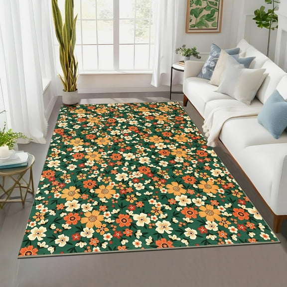 Washable Floral Area Rug with Non-Slip Backing, Stain-Resistant Low Pile Carpet, Farmhouse Style Mat for Living Room and Bedroom