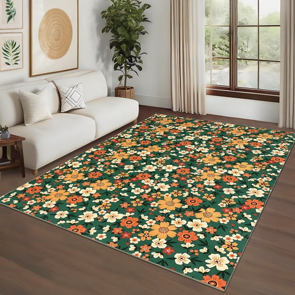Washable Floral Area Rug with Non-Slip Backing, Stain-Resistant Low Pile Carpet, Farmhouse Style Mat for Living Room and Bedroom