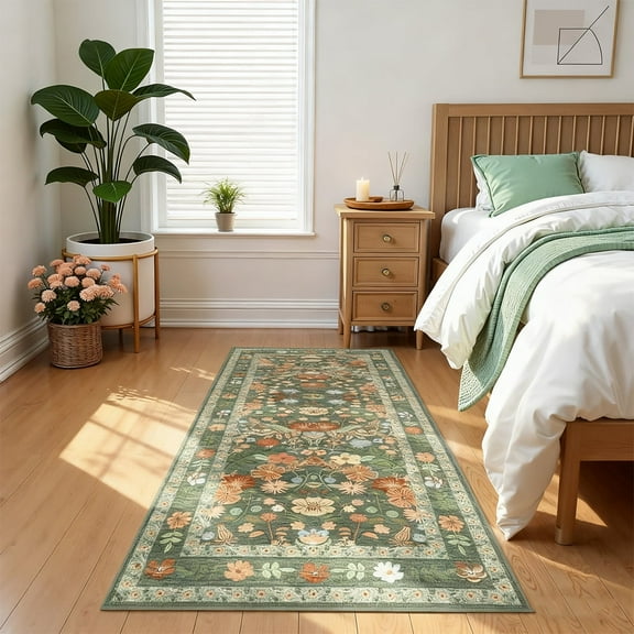 Washable Floral Rug 2'x6', Soft Low-Pile Area Rug, Bohemian Non-Slip Living Room Rug, Green Floral