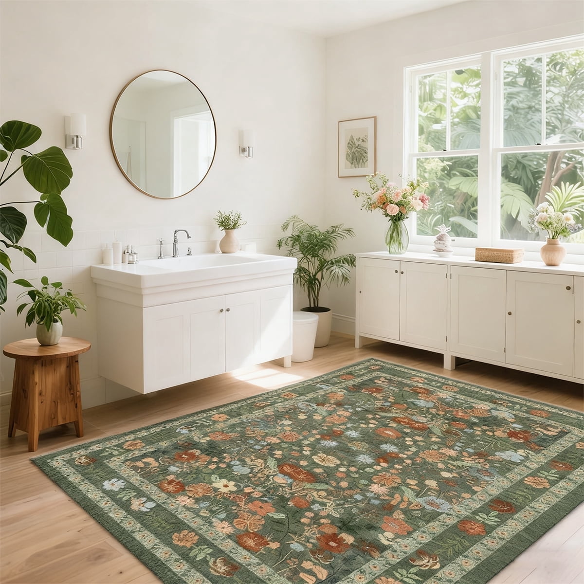 Washable Floral Rug 5'x7', Soft Low-Pile Area Rug, Bohemian Non-Slip Living Room Rug, Green Floral