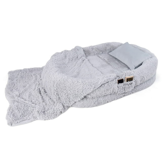 Washable Fluffy Human Dog Bed with Soft Blanket and Plump Pillow-Gray