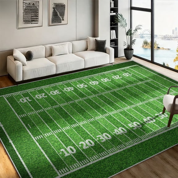 Washable Football Field Area Rug 3x4ft, Non-Slip Green Sports Turf Carpet for Living Room Bedroom Man Cave