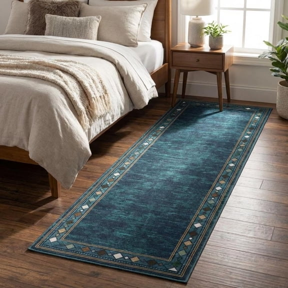 Washable Geometric Area Rug, Low Pile Non-Slip Floor Rug with TPE Backing for Living Room, Bedroom, Dining Room and Home Office,2*6ft(61*183cm),Teal