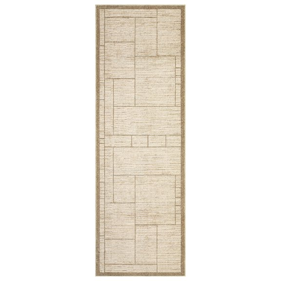 Washable Geometric Runner Rug - Ultra Thin Low Pile, Non-Slip, Modern Soft Patchwork Spot Resistant Collapsible Carpet for Kitchen, Hallway, Bedroom, Laundry, Bathroom - Beige, 2x6ft