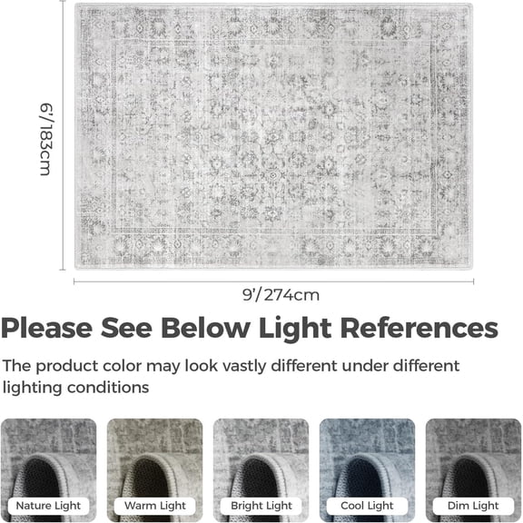 Washable Gray Rug 6x9 - Vintage Soft Rug for Living Room, Large Neutral Rugs Anti-Skid Low-Pile Flower Carpet for Bedroom Office, Silverygray