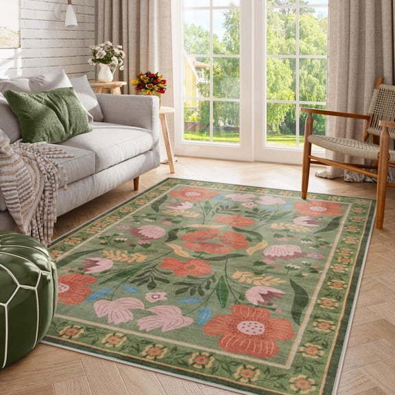 Washable Green Floral Area Rug 5x7ft Boho Cottagecore Soft Carpet for Living Room Kids Room Playroom