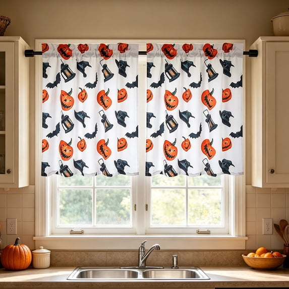 Washable Halloween Window Curtains Set 2D Printed Kitchen Curtains Light Filtering Short Curtain Pair for Bathroom Bedroom Home Decor Spooky Holiday Seasonal Decoration