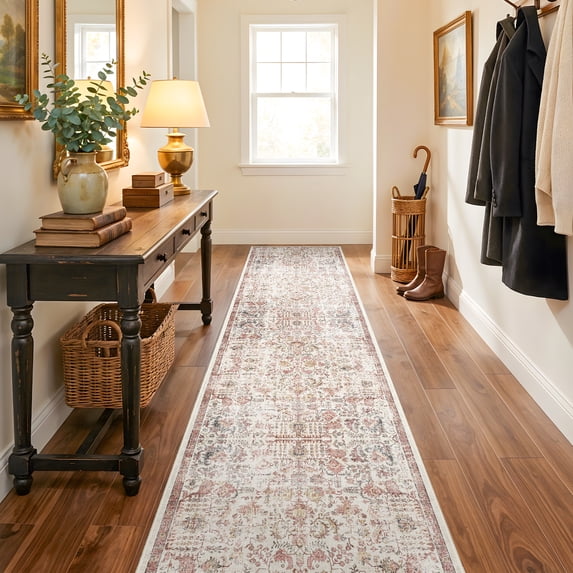 Washable Hallway Runner Rug 2'6x10 - Vintage Kitchen Rug with Non Slip Backing Durable Stain Resistant Carpet for Entryway Living Room Bedroom Indoor Soft Floor Mat for Laundry Bathroom 2.6x10 Maroon