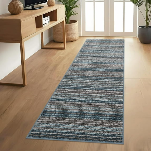 Washable Hallway Runner Rug 2x6 Modern Abstract Accent Carpet Non-Slip Backing Non-Shedding Contemporary Striped Transitional Rug Runner BedroomBlue