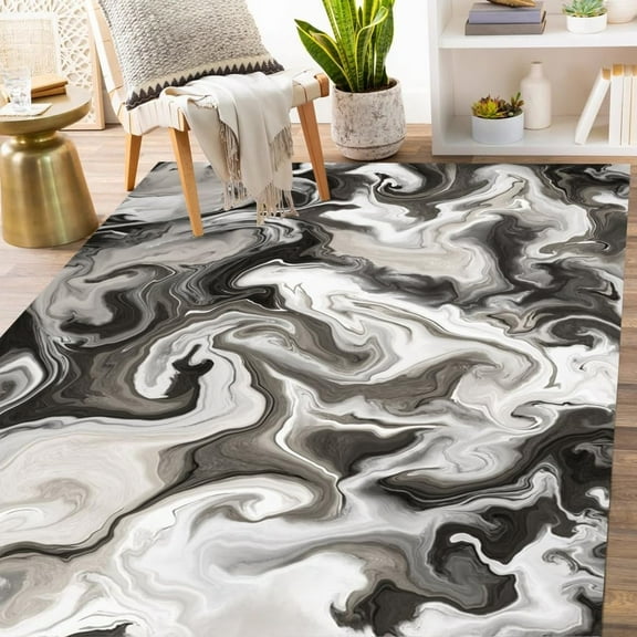 Washable Indoor Area Rug Black Grey Liquid Marble Abstract Modern Rug For Livingroom Bedroom Non Shedding Art Decor Diningroom Carpet Floorcover Rug 1x2ft