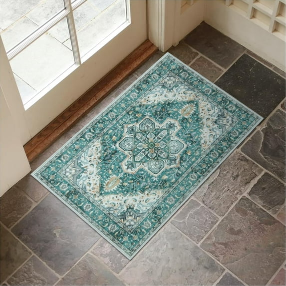 Washable Indoor Doormat, Non Slip Retro Floor Mat 20" x 32" Green Small Rug Quick Absorbent Entrance Rug Distressed Front Door Mat, Welcome Mats Entryway Rug Doormats for Kitchen Home Patio