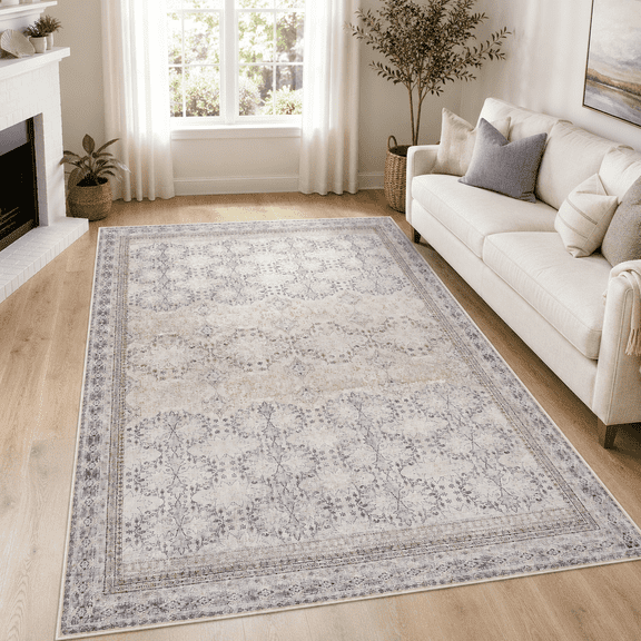 Licolica Non Slip Washable Area Rug Low Pile Vintage Rug for Living Room Bedroom Dining Room, Ivory, 6'x9'