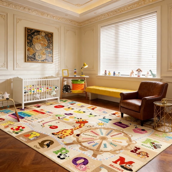 Musicwaker Camel Contemporary Beige Giraffe Alphabet Area Rug, 3x5 ft, Non-Slip Backing