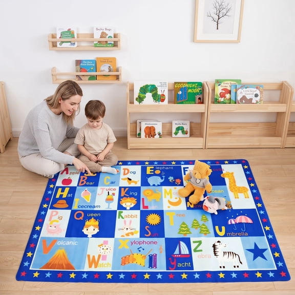 Musicwaker Art Deco Play & Learn Rug, Blue, 3' x 5', Machine Washable, Non-Slip Backing