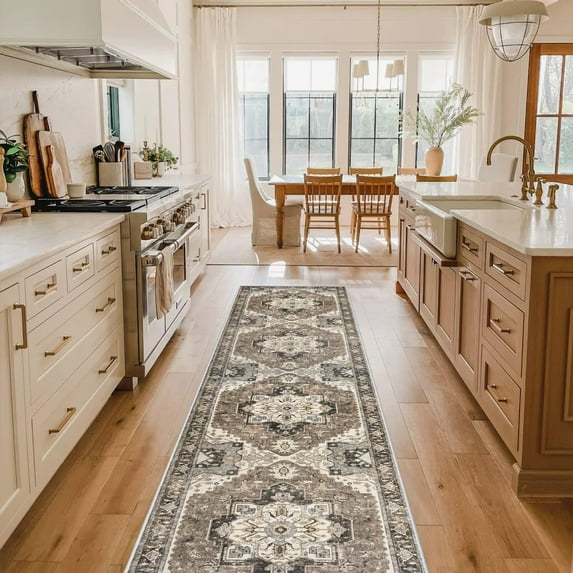 Washable Kitchen 2x10 Runner Rug: Non-slip Hallway Rugs Indoor Soft Low Pile Stain Resistant Carpet For Bedroom Entryway Ultra-thin Vintage Home Decor Floor Mat Bathroom (beige/blue/grey 2 X 10)