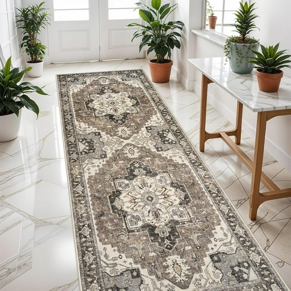 Washable Kitchen 3x8 Runner Rug - 3x8 Hallway Rug Distressed Mats Non-Slip Soft Room Floor Carpet for Dining Room (Beige,3x8)