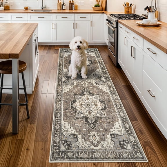 Washable Kitchen 3x8 Runner Rug - Hallway Distressed Mats Non-slip Soft Room Floor Carpet For Dining (beige 3x8)