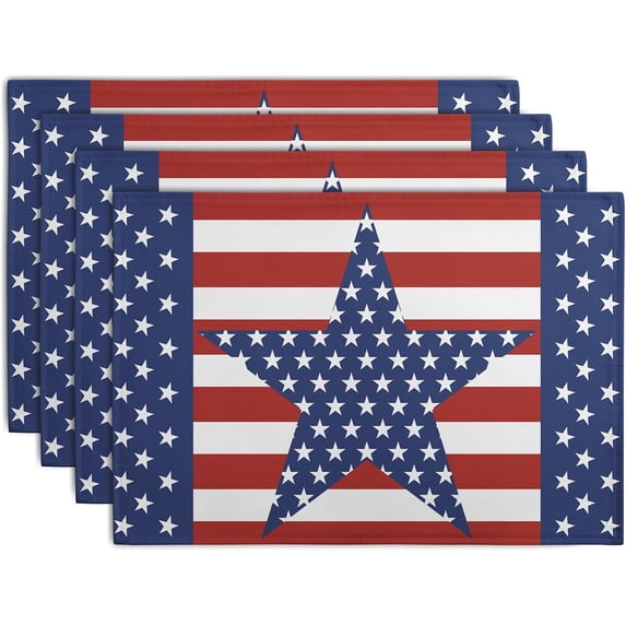 Washable Kitchen Placemats Set of 4, 4th of July Table Mats for Dining Table Party Decorations, American Star on Red Striped Vintage Independence Day Non-Slip Heat-Insulation Place Mat Sets