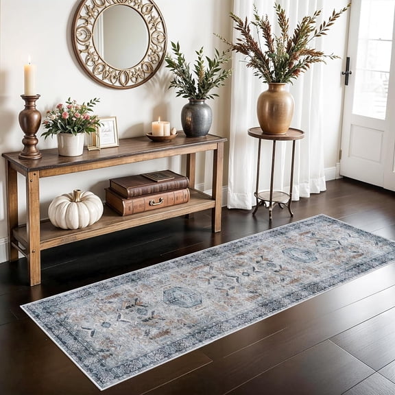 Washable Kitchen Room Runner Rug - 2x6 Hallway Rug Distressed Mats Foyer Rugs for Entryway Non-Slip Soft Room Floor Carpet for Dining Room (Grey/Blue, 2x6)