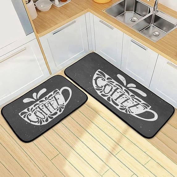 Washable Kitchen Rugs Set 2 Piece Coffee Cup on Black Anti Fatigue Floor Mats Bathroom Carpet, 27"x19" and 47"x19"