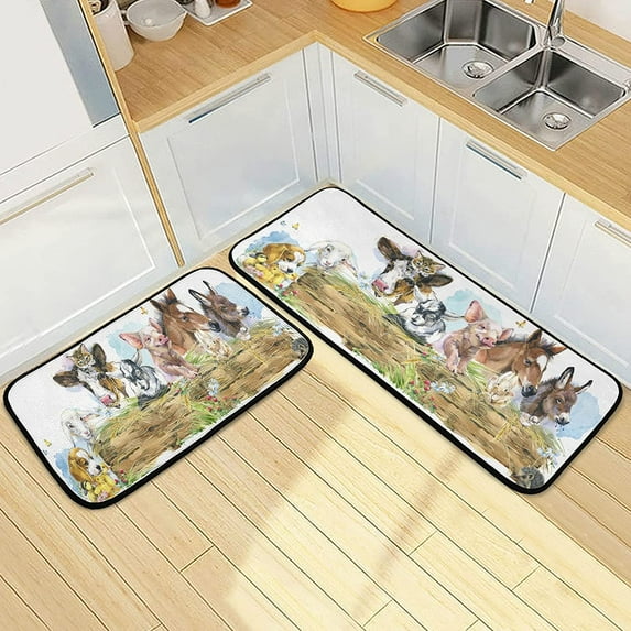Washable Kitchen Rugs Set 2 Piece Farm Animals Cow Sheep Pig Rabbit Anti Fatigue Floor Mats Bathroom Carpet, 27"x19" and 47"x19"