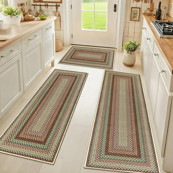 Washable Kitchen Rugs Sets of 3, Non Slip Absorbent Kitchen Rugs and Mats, Farmhouse Stain Resistant Faux Jute Kitchen Mat Carpet Runner for Kitchen Floor, Laundry Room, Hallway, Red