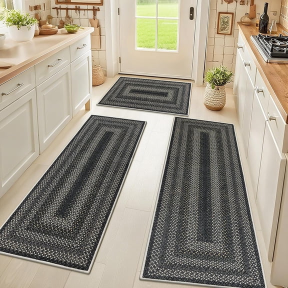 Washable Kitchen Rugs Sets of 3, Non Slip Absorbent Kitchen Rugs and Mats, Farmhouse Stain Resistant Faux Jute Kitchen Mat Carpet Runner for Kitchen Floor, Laundry Room, Hallway, Black/Gold