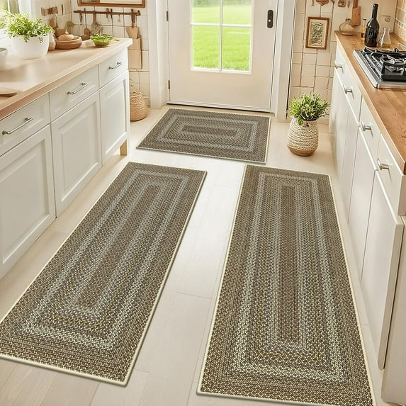Washable Kitchen Rugs Sets of 3, Non Slip Absorbent Kitchen Rugs and Mats, Farmhouse Stain Resistant Faux Jute Kitchen Mat Carpet Runner for Kitchen Floor, Laundry Room, Hallway, Yellow/Brown