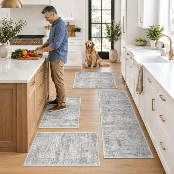 Washable Kitchen Rugs Sets Of 4 Non Slip Standing Mat Rug Stain Resistant Waterproof Mats For Floor Sink Laundry Entryway (grey 2