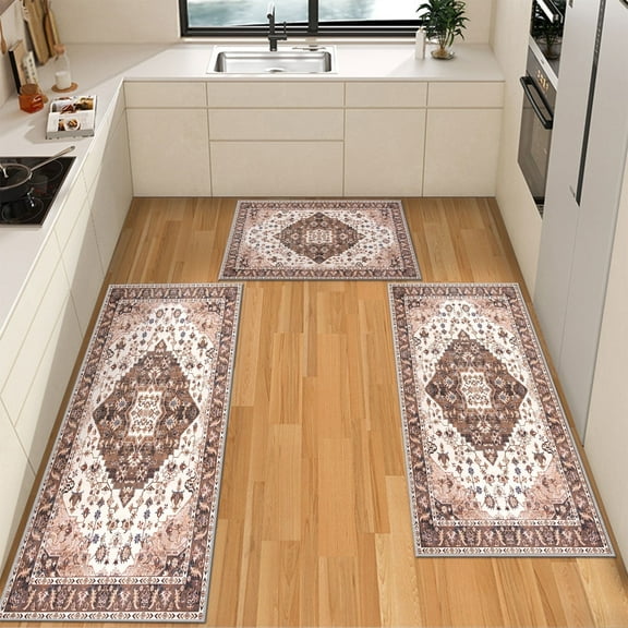 IsecretJoy Non Slip Kitchen Rugs Sets of 3, Washable Kitchen Mats for Floor Waterproof & Stain Resistant Runner Rug for Kitchen, Laundry Room, Hallway