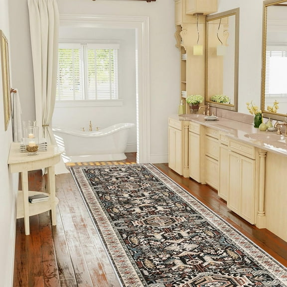 Washable Kitchen Runner Rug - 2'6''x12' Hallway Rug Distressed Mats Non-Slip Soft Room Floor Carpet for Dining Room (Black, 2'6'' x 12')