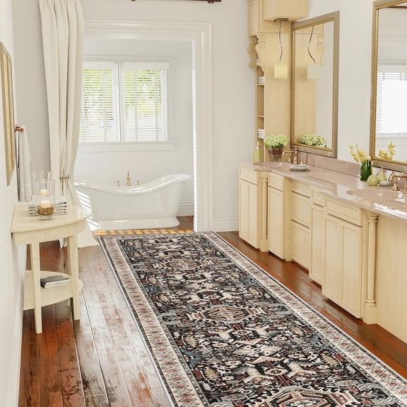 Washable Kitchen Runner Rug - 2'6''x12' Hallway Rug Distressed Mats Non-Slip Soft Room Floor Carpet for Dining Room (Black, 2'6'' x 12')